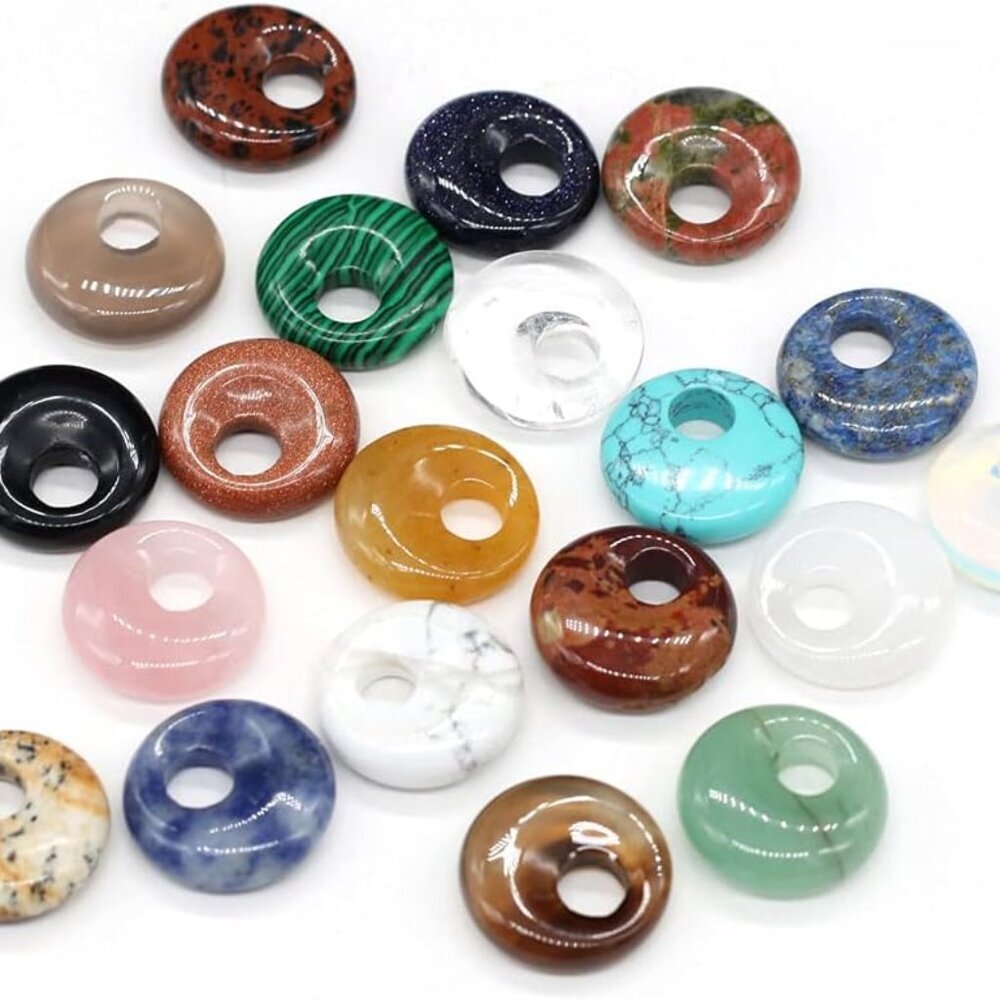 Natural Stone Pendants Eccentric Hole Ring Shape Mixed Stone Bead Pendant Charms